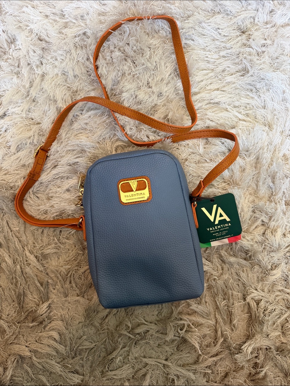 Valentina Blue Crossbody with Tan Strap and Gold Logo